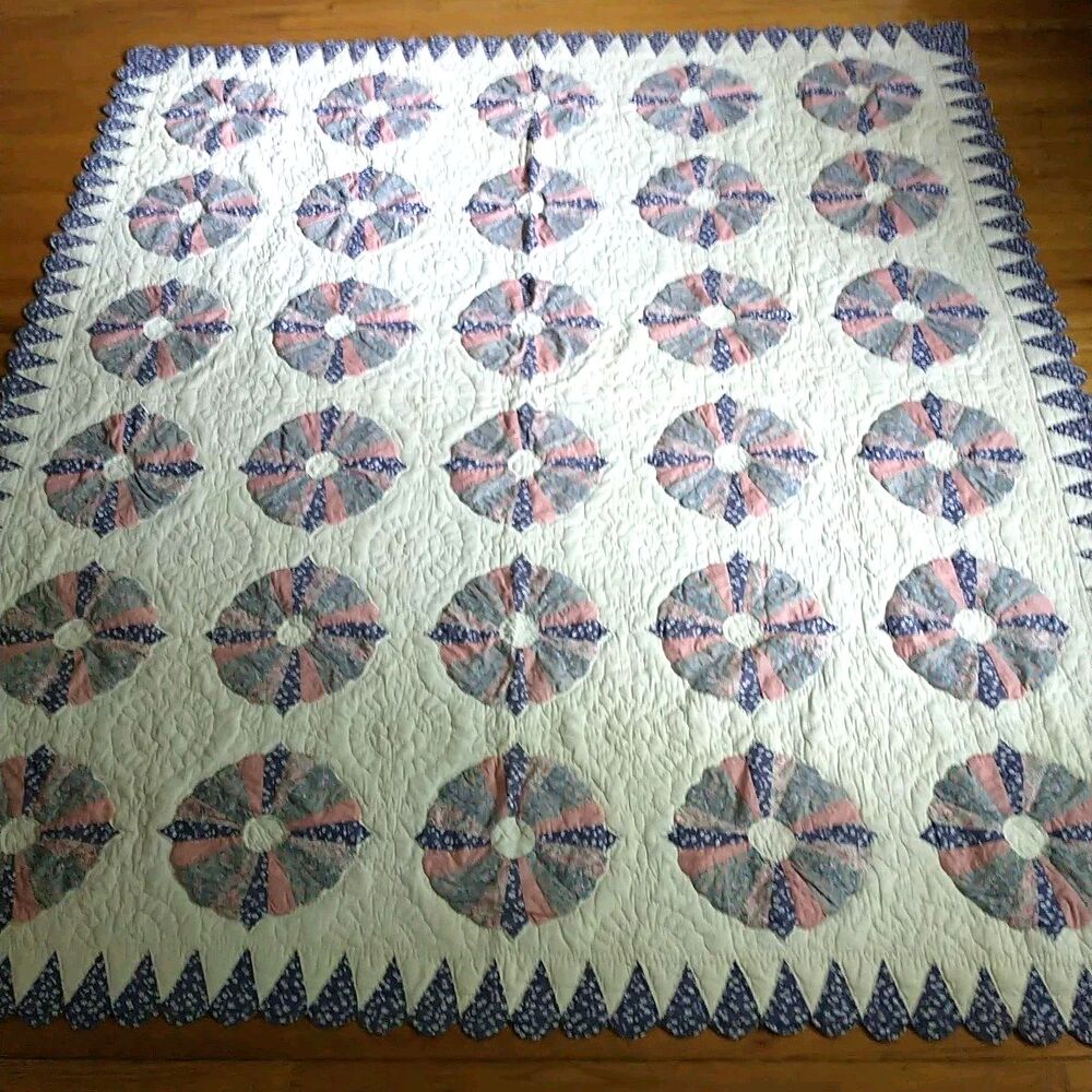 Vtg Dresden Plate Quilt Handmade Cotton Scalloped Edge Floral Rectangle 86x96"